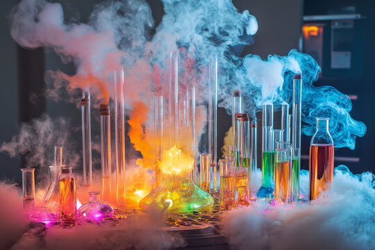 A vibrant chemistry setup with hyperbolic glass tubes, colored liquids bubbling inside, plasma glowing around the apparatus, and thick smoke curling from various points, creating an organic and