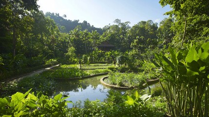 Fototapeta premium Harmonious Farm-to-Table: Serene Thai Garden with Lush Herbs and Vegetables Growing in Ultra-Detailed Shot