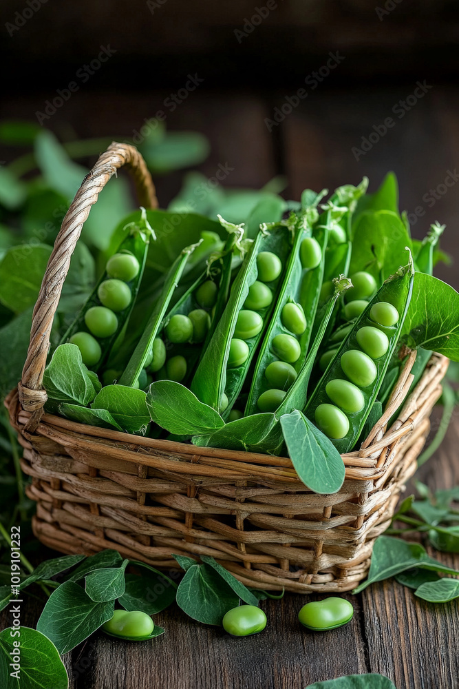 Wall mural a basket filled with fresh organic peas in their pods, with green leaves and a dark wood background 