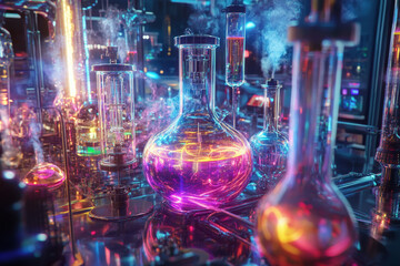 A complex hyperbolic glass chemistry apparatus, filled with glowing colored liquids, plasma arcs swirling around, and a maze of glass tubes emitting thin wisps of smoke, creating a futuristic lab