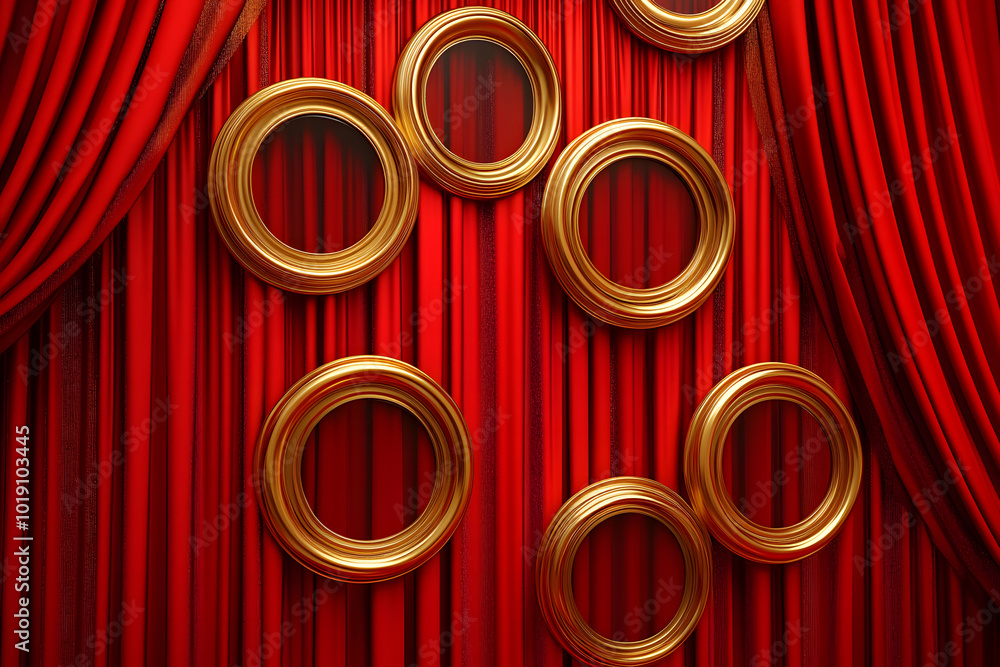 Fototapete the background is a dark red color design, with gold circles and curtains in the upper left corner o