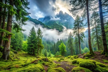 Low angle view of misty mountain forest with lush green forest floor