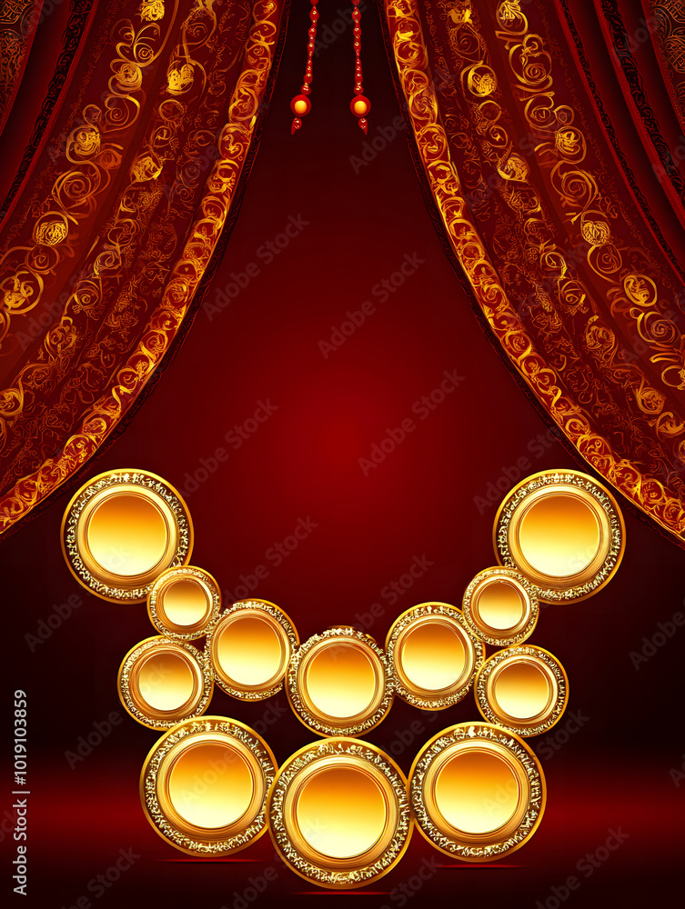 Fototapete the background is a dark red color design, with gold circles and curtains in the upper left corner o