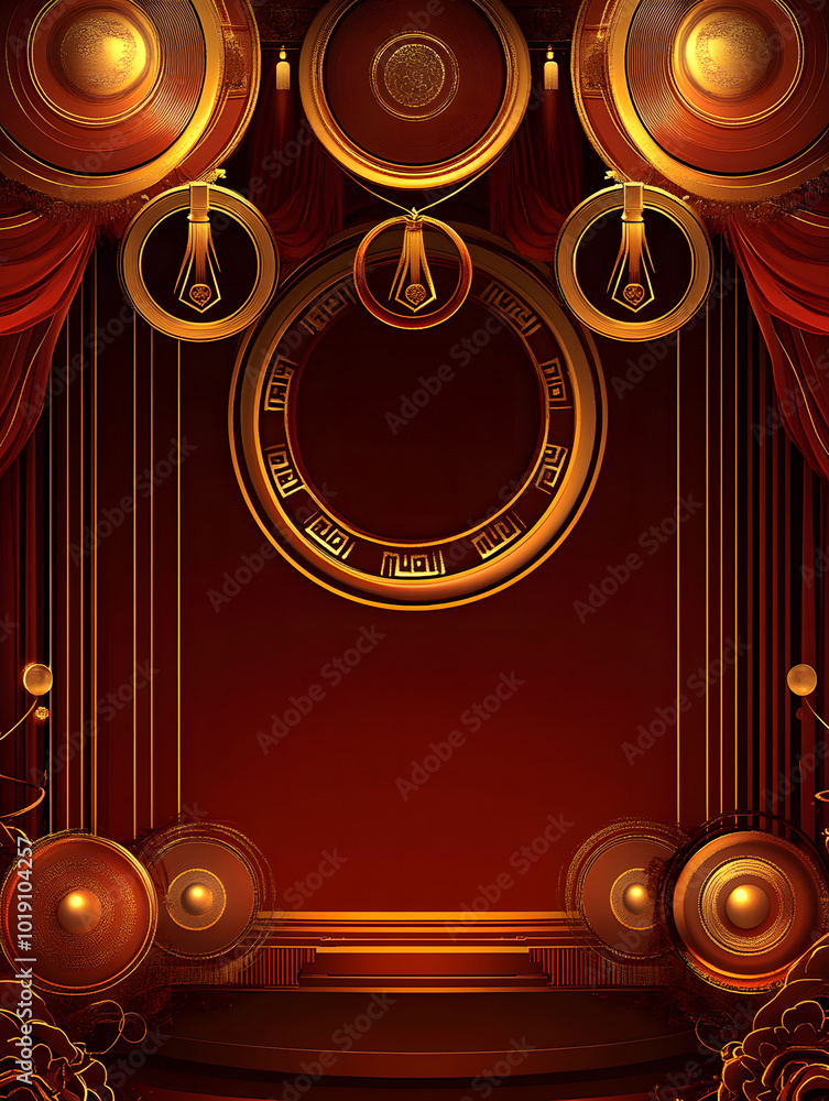 Fototapete the background is a dark red color design, with gold circles and curtains in the upper left corner o