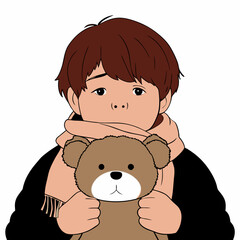 Young boy holding a teddy bear and wearing a scarf, expressing innocence and warmth
