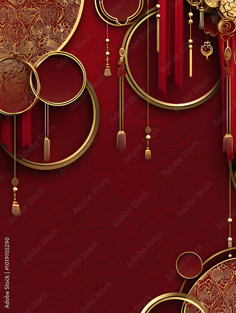 Fototapete the background is a dark red color design, with gold circles and curtains in the upper left corner o