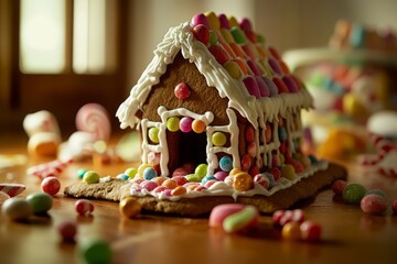 Gingerbread house on a wooden table, surrounded by candy and icing decorations