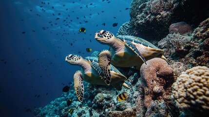 Fototapeta premium Underwater Sea Turtles Swim Through Coral Reef