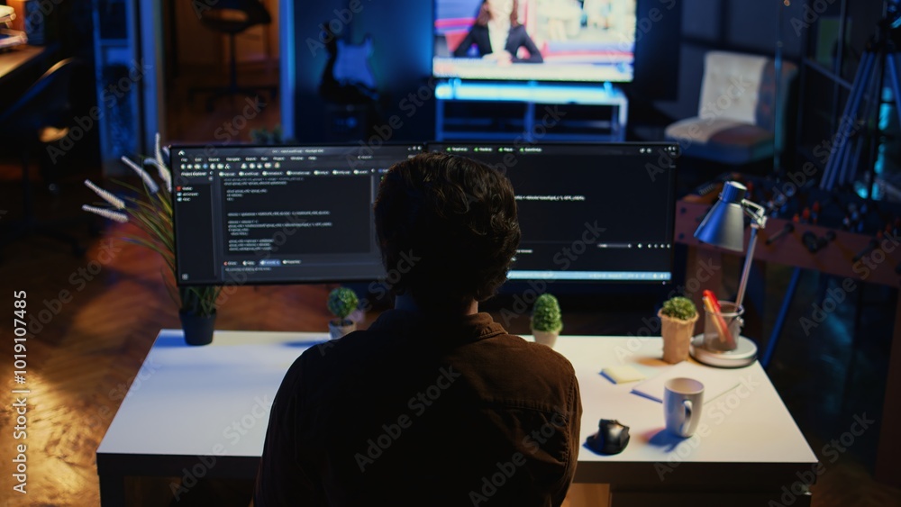 Poster man doing it support job from apartment personal office drinking cup of coffee while coding. softwar