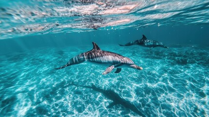 Obraz premium Graceful Dolphins Swimming in Clear Blue Water