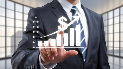 Businessman in background presses virtual dollar sign icon with a rising financial chart, symbolizing investment returns, financial growth, photo-realistic details