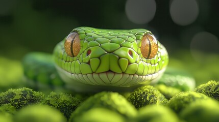 Fototapeta premium Close-up of a vibrant green snake on lush moss with golden eyes, detailed and captivating.
