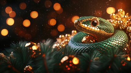 Fototapeta premium A vibrant green snake wrapped around golden pine branches, set against a festive, glowing bokeh background.