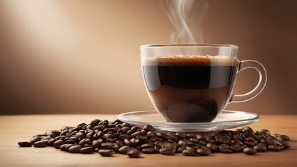 close up photograph of a clear glass cup filled with freshly brewed espresso, placed on a wooden surface centered in the frame, with a rich, dark coffee 