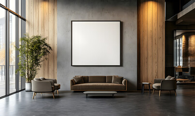Interior of modern hotel lobby with grey and wooden walls design, tiled floor, panoramic window with blurry cityscape, and vertical mock-up poster design