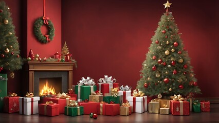 Abstract digital illustration featuring a festive Christmas theme on a light red background