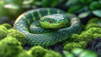 Fototapeta premium Close-up of a vibrant green snake coiled on moss, blending seamlessly with its natural surroundings.