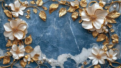 Fototapeta premium Intricate Glaze Metallic Baroque Floral Wall Art with Golden Accents. 