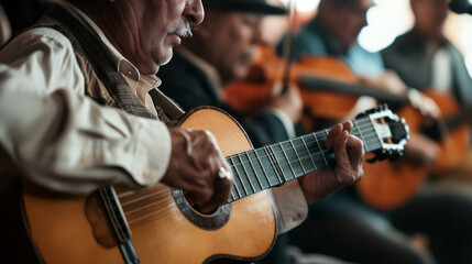 A group of hispanic musicians plays instruments passionately in a warm, intimate setting, creating a joyful atmosphere filled with music and camaraderie.