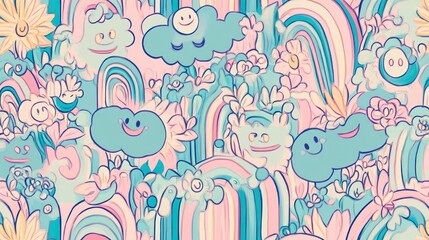 Abstract smiling face rainbow and sun theme in cream colors on a light turquoise sky background with clouds conveys a warm impression