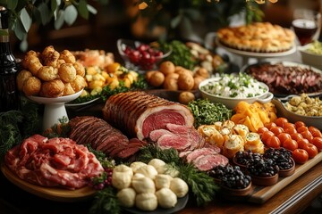 opulent banquet table overflowing with gourmet dishes featuring a vibrant array of meats vegetables and desserts set against a luxurious backdrop with soft warm lighting