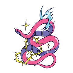 Vector Y2k Snake Neon Tribal Cartoon Illustration Isolated
