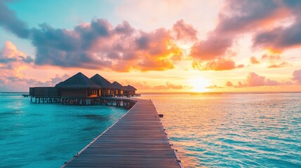 Obraz premium A wooden walkway leads to overwater bungalows with a stunning sunset in the background.