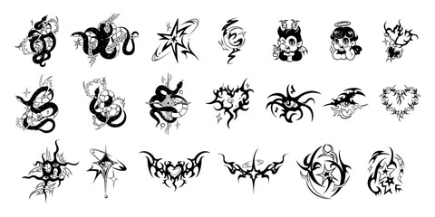 Vector Y2k Retro Tattoo Tribal Cartoon Set Illustration Isolated