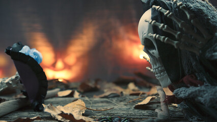 Halloween Skeleton Seated and glowing pumpkins in the background