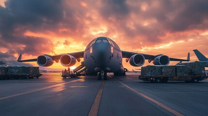 Military plane at the airport at sunset with cargo next to it, humanitarian aid or ammunition delivery
