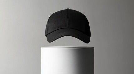 Mockup of black baseball caps with front levitating above a white podium with space for logo, text or inscriptions
