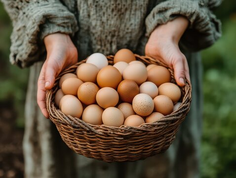 Close-up of a Farmer Holding a Basket of Fresh Brown and White Eggs