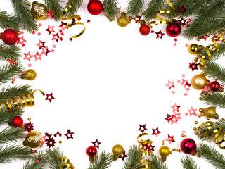 christmas frame fir and balls on white