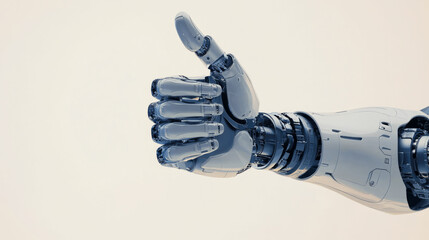 Cyborg or robot hand shows thumbs up isolated on white background close up with space for text
