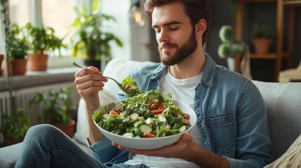 Young man eating healthy salad while sitting on sofa at home, healthy eating or vegan lifestyle theme with space for text
