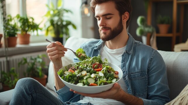 Young man eating healthy salad while sitting on sofa at home, healthy eating or vegan lifestyle theme with space for text
