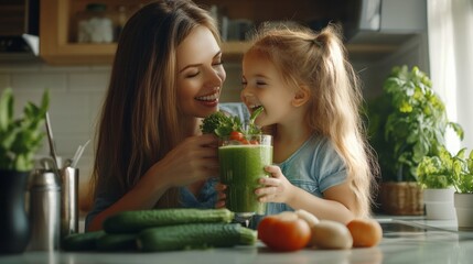 Young smiling mother together with her daughter prepare a healthy vegetable smoothie in the kitchen with vegetables next to it on the table. Detox with vegetable cocktails and a healthy lifestyle
