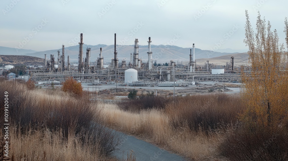 Wall mural industrial facility surrounded by nature and mountains