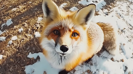 Obraz premium A red fox with a white chest and a black nose sits on a snowy ground and looks directly at the camera with its big brown eyes.