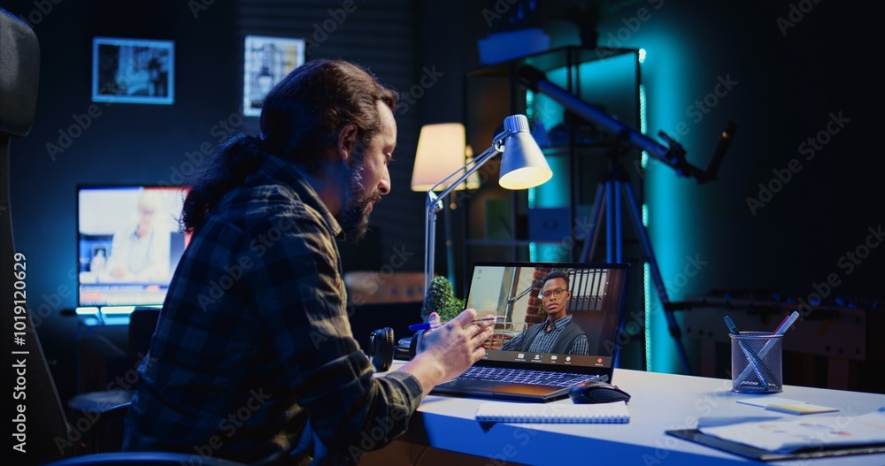 Poster remote employee calls manager remotely using internet videocall to ask for feedback on project progr