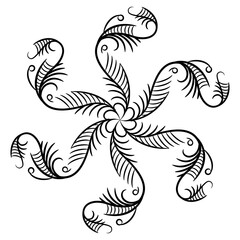 Round spiral star shape mandala with floral motifs. Black and white silhouette.