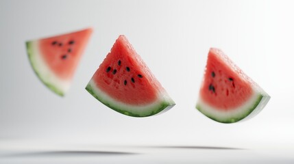 Slices of watermelon are displayed in the air. Concept of freshness and vigor, as the watermelon is a nutritious and refreshing fruit.