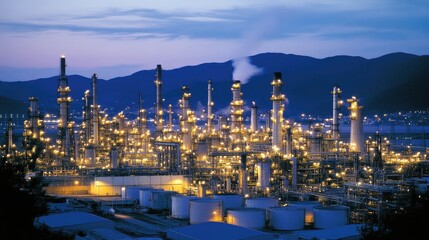 Obraz premium Industrial Landscape with Bright Reflections at Dusk