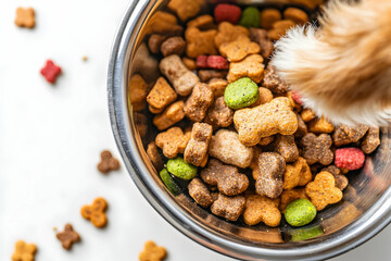 A dog's paw reaches into a bowl of dry kibble dog food.