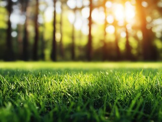 Naklejka premium Grassy meadow with forest in the background during sunset