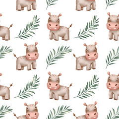 Seamless safari pattern with bigimoticon on a white background. Watercolor drawing for printing on wrapping paper, fabric, cards, clothing. Cute baby background