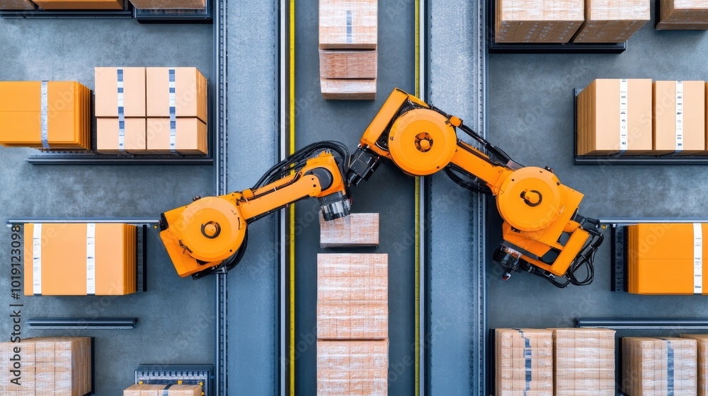 Poster automated robots in warehouse sorting packages