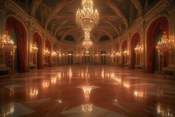 Obraz premium opulent vintageinspired ballroom with crystal chandeliers gilded mirrors and plush red velvet curtains soft candlelight casts a warm glow on ornate wall moldings and polished marble floors