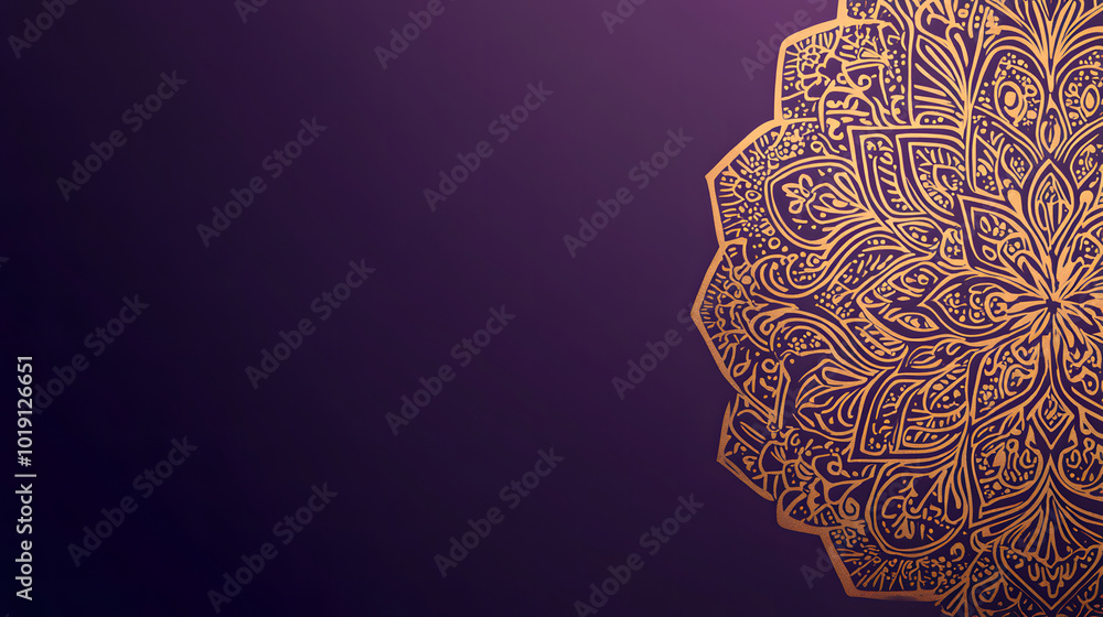 Poster a purple background design with gold mandala patterns on the right side design, leaving space for te