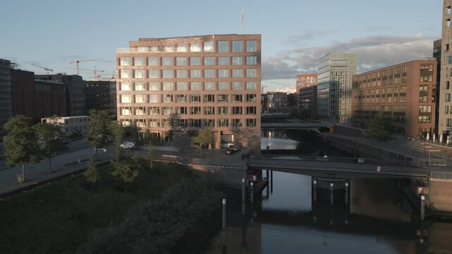 Hamburg Harbor , New coperations Headquaters  with sunrise